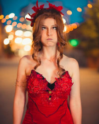 Rule 34 | 1girl, aerith gainsborough, aerith gainsborough (cosplay), breasts, briana white, brown eyes, brown hair, cosplay, dress, final fantasy, final fantasy vii, final fantasy vii remake, highres, photo (medium), red dress, square enix, voice actor connection