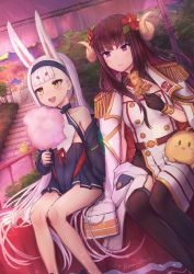 Rule 34 | 2girls, :&gt;, absurdres, animal ears, azur lane, bare legs, bench, black legwear, blunt bangs, brown hair, closed mouth, commentary request, cotton candy, eating, eicam, epaulettes, evening, festival, food, food on face, fried squid, hairband, highres, horns, huge filesize, jacket, jacket on shoulders, jitome, manjuu (azur lane), multiple girls, on bench, open mouth, outdoors, pink hair, purple eyes, rabbit ears, shimakaze (azur lane), sitting, squid, summer festival, suruga (azur lane), sweatdrop, thighhighs, white jacket, yellow eyes