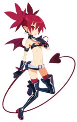 Rule 34 | 1girl, arm strap, bare shoulders, bat wings, belt, black gloves, black thighhighs, blush, boots, bracelet, choker, demon girl, demon tail, disgaea, disgaea d2, earrings, etna (disgaea), flat chest, full body, gloves, hair between eyes, harada takehito, high heel boots, high heels, highres, hip focus, holding, jewelry, leather, leg up, legs, long image, looking at viewer, midriff, navel, official art, open mouth, pointy ears, red eyes, red hair, red thighhighs, red wings, short hair, short shorts, short twintails, shorts, skinny, skull, solo, strapless, tail, tall image, thigh boots, thighhighs, thighs, transparent background, tube top, twintails, wings