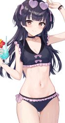 Rule 34 | 1girl, absurdres, black choker, black hair, black shirt, blunt bangs, blush, breasts, brown eyes, choker, cleavage, closed mouth, collarbone, cup, eyewear on head, feet out of frame, frilled tankini, groin, hair ribbon, heart, heart-shaped eyewear, highres, holding, holding cup, idolmaster, idolmaster shiny colors, long hair, looking at viewer, mayuzumi fuyuko, medium breasts, midriff, mochiko (uyu omochi), navel, pink ribbon, ribbon, shirt, sleeveless, sleeveless shirt, smile, solo, stomach, tank top, tropical drink, two side up, upper body, white background, wristband