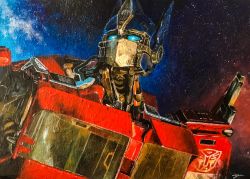 Rule 34 | absurdres, autobot, blue eyes, bumblebee (film), highres, machinery, mecha, night, night sky, no humans, optimus prime, painting (medium), robot, signature, sky, star (sky), starry sky, towalush, traditional media, transformers, transformers (live action)