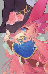 Rule 34 | 1girl, black hat, blue capelet, blue eyes, blush, capelet, cat girl, commentary request, cowboy shot, dress, flower, furry, furry female, gold trim, grey background, hair between eyes, hair over one eye, hat, hat flower, highres, long hair, looking at viewer, low twintails, medium bangs, open mouth, pi (pyaaaro), pink dress, pink flower, pink hair, pink rose, ragnarok online, rose, simple background, smile, solo, summoner (ragnarok online), twintails, very long hair, witch hat