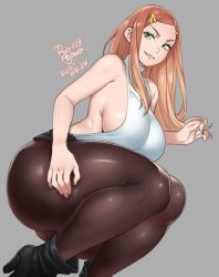 Rule 34 | 1girl, 2021, agawa ryou, ass, breasts, brown hair, dated, green eyes, grey background, huge ass, long hair, looking at viewer, original, pantyhose, sideboob, simple background, smile, solo, thick thighs, thighs