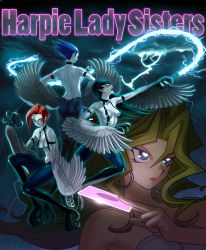 Rule 34 | 4girls, armband, armpits, blonde hair, blue eyes, blue hair, breasts, breasts apart, card, character name, claws, cleavage, colored skin, duel monster, earrings, energy whip, feathered wings, glowing, green hair, harpie lady, harpie lady 1, harpie lady sisters, harpy, holding, holding card, jewelry, kujaku mai, lightning, lipstick, long hair, makeup, monster girl, multiple girls, navel, pointy ears, red eyes, red hair, shoulder blades, siblings, sideboob, sisters, smile, suspenders, suyu38, talons, weapon, whip, white skin, winged arms, wings, yu-gi-oh!, yu-gi-oh! duel monsters