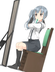 Rule 34 | 10s, 1girl, black socks, brown eyes, feet, full body, highres, kantai collection, kasumi (kancolle), kneehighs, long hair, looking at mirror, max melon, mirror, no shoes, side ponytail, silver hair, sitting, socks, solo
