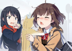 Rule 34 | 2girls, ahoge, animal, bag, black eyes, black hair, black jacket, blazer, blush, bow, bowtie, brown hair, brown jacket, brown sweater, buttons, carrying, cat, closed eyes, collared shirt, commentary request, constricted pupils, enpera, furrowed brow, gotyou, hair ornament, hairclip, hands up, highres, hood, hood down, hooded jacket, jacket, long hair, long sleeves, multiple girls, nose blush, open clothes, open jacket, open mouth, original, outdoors, red neckwear, red scarf, scarf, school bag, shirt, short hair, sidelocks, sign, sneezing, sneezing on another, snot, striped bow, striped bowtie, striped clothes, striped neckwear, sweat, sweater, tree, undershirt, upper body, v-shaped eyebrows, wavy mouth, white shirt, wing collar, winter clothes, yellow sweater