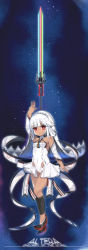Rule 34 | 1girl, absurdres, aged down, altera (fate), altera larva (fate), arm up, bad id, bad pixiv id, cer (cerber), character name, child, choker, covered navel, dark-skinned female, dark skin, detached sleeves, fate/grand order, fate (series), female focus, floating, floating object, full body, highres, leg warmers, leotard, long hair, photon ray (fate), red eyes, shoes, showgirl skirt, solo, sword, veil, weapon, white hair, white leotard