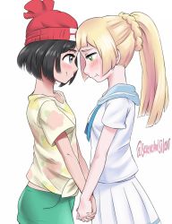 Rule 34 | 2girls, beanie, black hair, blonde hair, blush, creatures (company), eye contact, forehead-to-forehead, game freak, hat, heads together, highres, holding hands, lillie (pokemon), looking at another, multiple girls, nintendo, pokemon, pokemon sm, ponytail, selene (pokemon), sereneandsilent, short shorts, shorts, skirt, spoilers, yuri
