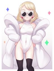 Rule 34 | 1girl, black thighhighs, blonde hair, border, closed mouth, coat, collarbone, commentary request, covered navel, creatures (company), earrings, facing viewer, frown, game freak, gazing eye, gluteal fold, gradient background, hands on own hips, highres, jewelry, leotard, medium hair, nintendo, off shoulder, pokemon, pokemon (anime), pokemon journeys, pokemon swsh105, serena (pokemon), solo, sparkle, sunglasses, thighhighs, white-framed eyewear, white border, white coat, white leotard