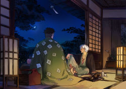 Rule 34 | 2boys, architecture, arm at side, arm support, black coat, black hair, box, choko (cup), coat, coat on shoulders, cup, east asian architecture, facing to the side, fireflies, from behind, green coat, grey kimono, haori, himejima gyoumei, holding, holding cup, indoors, japanese clothes, kimetsu no yaiba, kimono, knee up, lantern, long sleeves, looking away, looking to the side, male focus, moon, multiple boys, multiple scars, night, night sky, on floor, open door, outstretched arm, profile, qu4ntums0d4, scar, scar on chest, scar on leg, shinazugawa sanemi, short hair, shouji, side handle teapot, sky, sliding doors, smile, summer, talisman, tatami, teacup, teapot, tokkuri, tray, tree, undercut, vase, white hair, wind, wind chime, yunomi