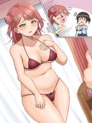 Rule 34 | 2girls, bikini, black hair, blue shirt, blush, breasts, brown vest, chibi, curtains, female pubic hair, gradient hair, green hair, hair bun, hair ornament, hairclip, indoors, large breasts, love live!, love live! nijigasaki high school idol club, micro bikini, momo mochi (favk5328), multicolored hair, multiple girls, navel, nijigasaki school uniform, pink hair, pubic hair, red bikini, school uniform, shirt, sweatdrop, swimsuit, takasaki yu, twintails, uehara ayumu, vest, yellow eyes