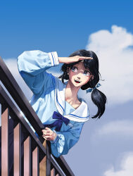 Rule 34 | 1girl, absurdres, against railing, alfie (tmdals7645), arm up, black hair, black skirt, blue eyes, blue shirt, bow, bowtie, cloud, day, highres, long sleeves, looking to the side, low twintails, open mouth, original, outdoors, photo-referenced, railing, sailor collar, school uniform, serafuku, shading eyes, shadow, shirt, skirt, smile, solo, teeth, twintails, upper teeth only