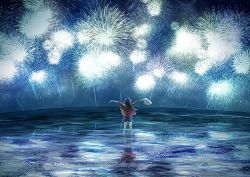 Rule 34 | 1girl, absurdres, arms up, black hair, fireworks, from behind, hat, highres, kumagaya nono, night, partially submerged, shorts, sky, straw hat, water