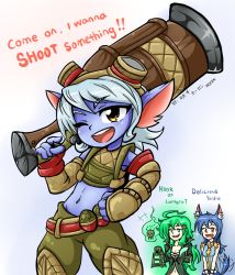 Rule 34 | 2girls, animal ears, artist name, belt, blue hair, blue skin, breasts, cleavage, colored skin, drooling, explosive, flat chest, gender request, genderswap, goggles, green eyes, green hair, grenade, grin, hair ornament, hair tubes, lantern, league of legends, long hair, midriff, multiple girls, navel, one eye closed, open mouth, over shoulder, red eyes, revision, sickle, signature, smile, tail, thresh (league of legends), tristana, vilde loh hocen, warwick, weapon, weapon over shoulder, white hair, wink, wolf ears, wolf tail, yellow eyes, yordle, yuri