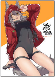 Rule 34 | 1girl, animal ears, arknights, black one-piece swimsuit, cowboy shot, dated, fang, grey hair, hair between eyes, hand up, highleg, highleg swimsuit, holding, holding knife, hood, hood up, jacket, knife, looking at viewer, medium hair, nishi juuji, official alternate costume, one-piece swimsuit, open mouth, orange background, projekt red (arknights), projekt red (light breeze) (arknights), red jacket, solo, swimsuit, tail, thigh strap, two-tone background, white background, wolf ears, wolf girl, wolf tail, yellow eyes