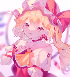 Rule 34 | 1girl, ascot, blonde hair, blood, blood from mouth, blurry, blurry background, closed mouth, crystal, fingernails, flandre scarlet, frilled ascot, frills, hair between eyes, hat, hat ribbon, head tilt, heart, highres, kokonoe826, long hair, looking at viewer, mob cap, nail polish, puffy short sleeves, puffy sleeves, red eyes, red nails, red ribbon, red vest, ribbon, sharp fingernails, shirt, short sleeves, side ponytail, smile, solo, touhou, upper body, vest, white hat, white shirt, wings, wrist ribbon, yellow ascot