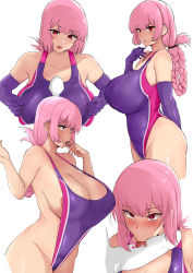 Rule 34 | 1girl, absurdres, areola slip, arm behind back, bare shoulders, blunt bangs, blush, braid, breasts, cleavage, elbow gloves, erection, fate/grand order, fate (series), fellatio, finger in own mouth, florence nightingale (fate), gloves, highres, large breasts, licking, licking penis, long braid, mon (manarestra), one-piece swimsuit, oral, paizuri, paizuri under clothes, penis, pink hair, purple gloves, red eyes, sideboob, sidelocks, single braid, swimsuit, thighs, tongue, tongue out