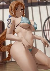 Rule 34 | 1girl, absurdres, arm tattoo, artist name, bikini, blush, breasts, brown eyes, female focus, highleg, highleg bikini, highres, large breasts, long hair, looking at viewer, midriff, nami (one piece), navel, one piece, orange hair, partially undressed, ponytail, shexyo, smile, solo, swimsuit, tattoo, underboob