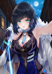 Rule 34 | 1girl, asymmetrical gloves, bare shoulders, black hair, blue dress, blue hair, blush, bob cut, breasts, cleavage, cleavage cutout, clothing cutout, commentary request, diagonal bangs, dice, dress, earrings, femdom, full moon, fur-trimmed jacket, fur trim, genshin impact, gloves, green eyes, higeneko, highres, jacket, jacket on shoulders, jewelry, large breasts, looking at viewer, mismatched gloves, mole, mole on breast, moon, multicolored hair, neck ring, night, night sky, open mouth, pelvic curtain, rain, short hair, sky, solo, tassel, thread, two-tone hair, vision (genshin impact), white jacket, yelan (genshin impact)