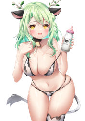 Rule 34 | 1girl, :d, animal ears, animal print, antlers, aqua nails, baby bottle, bikini, blush, bottle, branch, breasts, ceres fauna, cow ears, cow print, cow print bikini, cow tail, green hair, hands up, highres, holding, holding bottle, hololive, hololive english, horns, large breasts, leaf, leaning forward, long hair, looking at viewer, milk, milk bottle, mole, mole under eye, nail polish, navel, no nose, open mouth, pointy breasts, print bikini, print thighhighs, simple background, single thighhigh, skindentation, smile, solo, stomach, strap slip, swimsuit, tail, thigh gap, thighhighs, thighs, umou (may65879), virtual youtuber, wavy hair, white background, yellow eyes