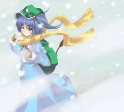 Rule 34 | 1girl, backpack, bag, blue hair, female focus, hair bobbles, hair ornament, hat, kawashiro nitori, kukyo, mittens, purple eyes, scarf, short hair, side ponytail, snow, snowing, solo, touhou, two side up, winter, yellow scarf