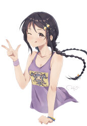 Rule 34 | 1girl, ;q, absurdres, black hair, blush, breasts, camisole, collarbone, cropped torso, floating hair, highres, idolmaster, idolmaster cinderella girls, long hair, looking at viewer, miyoshi sana, one eye closed, purple camisole, sanpo (sanpo 1027), sidelocks, simple background, small breasts, smile, solo, tongue, tongue out, twintails, upper body, very long hair, w, white background, wristband