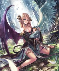 Rule 34 | 1girl, angel wings, anklet, artist request, asymmetrical wings, baby, baby carry, bird, blonde hair, blue eyes, carrying, cygames, demon girl, demon horns, demon tail, demon wings, detached sleeves, feathers, happy, holding baby, horns, jewelry, long hair, looking at viewer, official art, pointy ears, roan winged nexx, ruins, shadowverse, shingeki no bahamut, smile, tail, very long hair, wings