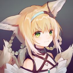 Rule 34 | 1girl, animal ears, arknights, bare shoulders, blonde hair, braid, braided hair rings, chinese commentary, commentary request, fox ears, fox tail, gradient background, green eyes, grey background, hairband, highres, infection monitor (arknights), looking at viewer, multiple tails, purple background, short hair, solo, suzuran (arknights), tail, upper body, yunweishukuang