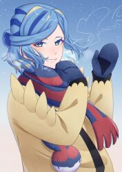 Rule 34 | 1boy, blue hair, blue mittens, blue scarf, blush, breath, commentary request, creatures (company), game freak, grin, grusha (pokemon), half updo, hands up, highres, jacket, long sleeves, looking at viewer, male focus, mittens, mocacoffee 1001, nintendo, poke ball print, pokemon, pokemon sv, scarf, signature, smile, solo, striped clothes, striped scarf, teeth, upper body, yellow jacket