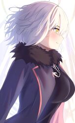 Rule 34 | 1girl, ahoge, blush, breasts, coat, fate/grand order, fate (series), fur trim, hair between eyes, highres, jacket, jeanne d&#039;arc alter (fate), jeanne d&#039;arc alter (ver. shinjuku 1999) (fate), jewelry, large breasts, long sleeves, necklace, official alternate costume, open clothes, short hair, smile, solo, umi endu, white hair, yellow eyes