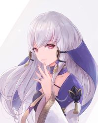 Rule 34 | 1girl, closed mouth, fire emblem, fire emblem: three houses, hair ornament, highres, jewelry, leonmandala, long hair, long sleeves, lysithea von ordelia, nintendo, pink eyes, ring, simple background, solo, upper body, white hair