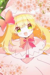 Rule 34 | + +, 1girl, belt, blonde hair, blurry, blush, bow, bowtie, capelet, cherry blossoms, commentary request, dress, eyelashes, eyes visible through hair, fairy wings, flower, grass, green eyes, hair between eyes, hair bow, hat, highres, lily white, long hair, long sleeves, looking at viewer, multicolored bow, multicolored bowtie, open mouth, orange bow, orange bowtie, petals, pink belt, pink bow, pink bowtie, pink capelet, pink dress, pink flower, pink hat, rinrin (rinrinillust), shadow, smile, solo, spring (season), standing, star (symbol), tongue, touhou, white flower, wide sleeves, wings