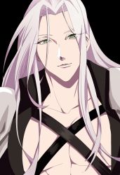 Rule 34 | 1boy, armor, black background, black jacket, chest strap, collarbone, final fantasy, final fantasy vii, green eyes, highres, jacket, long hair, looking at viewer, male focus, parted bangs, sephiroth, shoulder armor, silver hair, smile, solo, square enix, upper body, wasab