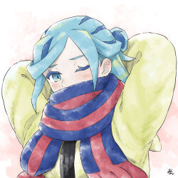 Rule 34 | 1boy, aqua eyes, aqua hair, arms behind head, blue scarf, blush, commentary request, creatures (company), eyelashes, game freak, grusha (pokemon), highres, jacket, looking down, male focus, min (myna8247), nintendo, one eye closed, pokemon, pokemon sv, scarf, scarf over mouth, signature, solo, striped clothes, striped scarf, upper body, yellow jacket