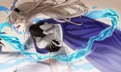 1girl armor armored_dress cape claws corrin_(female)_(fire_emblem) corrin_(fire_emblem) crying crying_with_eyes_open fangs female_focus fire_emblem fire_emblem_fates gauntlets grey_hair hairband long_hair nagiko_(mangalove1111) nintendo open_mouth pointy_ears profile red_eyes solo tears water