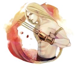 Rule 34 | 1boy, armlet, vega (street fighter), blonde hair, claws, green eyes, long hair, looking at viewer, male focus, solo, street fighter, tattoo, very long hair