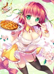 Rule 34 | 1girl, :p, blush, bow, breasts, cleavage, commentary request, cup, detached collar, dress, frilled dress, frills, garter straps, green eyes, hair ribbon, holding, holding plate, large breasts, leaning forward, looking at viewer, maid, mikeou, original, panties, pantyshot, pink hair, plate, pointing, pointing at self, red bow, ribbon, sleeveless, sleeveless dress, solo, spoon, standing, thighhighs, tongue, tongue out, underwear, wrist cuffs, yellow dress