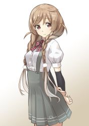 Rule 34 | 1girl, arm warmers, arms behind back, bow, bowtie, braid, brown background, cloud hair ornament, gradient background, highres, kantai collection, light brown hair, long hair, minegumo (kancolle), negahami, plaid, plaid bow, plaid bowtie, plaid neckwear, pleated skirt, red bow, red bowtie, red eyes, school uniform, shirt, short sleeves, skirt, solo, suspender skirt, suspenders, twin braids, white shirt