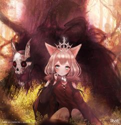 Rule 34 | 1girl, against tree, animal ears, artist name, black dress, blonde hair, blue eyes, blush, crown, dress, english text, forest, fur collar, glint, glowing, glowing eyes, grass, head tilt, highres, looking away, nature, original, outdoors, red eyes, shale, sitting, skull, solo, tree