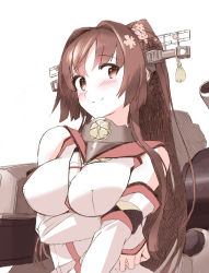 Rule 34 | 10s, 1girl, bare shoulders, between breasts, blew andwhite, blush, breast hold, breast lift, breasts, brown eyes, brown hair, flower, hair flower, hair ornament, highres, kantai collection, large breasts, long hair, looking at viewer, ponytail, rigging, simple background, sketch, smile, solo, type 91 armor-piercing shell, very long hair, white background, yamato (kancolle), zulu (naval flag)