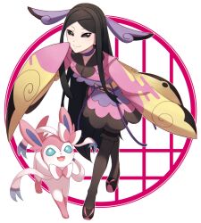 Rule 34 | 1girl, black eyes, black hair, bright pupils, choker, closed mouth, commentary request, creatures (company), game freak, gen 6 pokemon, hair ribbon, hand up, highres, japanese clothes, kimono, long hair, long sleeves, mocacoffee 1001, nintendo, pantyhose, parted bangs, pink kimono, pokemon, pokemon (creature), pokemon xy, purple choker, purple ribbon, ribbon, sash, shoes, signature, sleeves past fingers, sleeves past wrists, smile, sylveon, valerie (pokemon), white background, white pupils, yellow sash