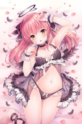 Rule 34 | 1girl, :o, arm up, armpits, babydoll, bare shoulders, barefoot, bed sheet, black bow, black feathers, black panties, black wings, blush, bow, bow panties, braid, breasts, brown eyes, commentary request, feathered wings, feathers, frilled panties, frills, hair between eyes, hair bow, halo, long hair, looking at viewer, lying, navel, nemuri nemu, on back, original, panties, parted lips, petals, pink hair, small breasts, solo, twintails, underwear, underwear only, white bow, wings, wrist cuffs