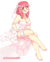 Rule 34 | 1girl, :d, bare arms, bare legs, bare shoulders, barefoot, blush, breasts, bridal veil, bride, clothes lift, commentary, dress, dress lift, drill hair, english commentary, full body, hair ornament, hairclip, heart, heart hair ornament, katawa shoujo, large breasts, bridal garter, long hair, looking at viewer, mikado shiina, open mouth, orange eyes, patreon username, pink hair, quad drills, rtil, simple background, sitting, smile, solo, strapless, strapless dress, veil, wedding dress, white background, white dress