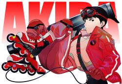 Rule 34 | 1boy, akira (manga), black eyes, black hair, cable, candy, chichi840426, copyright name, food, gloves, goggles, goggles on head, gun, inline skates, jacket, kaneda shoutarou (akira), knee pads, knees up, lollipop, looking to the side, lying, male focus, mouth hold, on back, pants, pants tucked in, pill, red theme, rifle, roller skates, shirt tucked in, short hair, skates, solo, sticker, track pants, weapon, weapon request