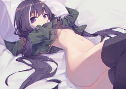 Rule 34 | 1girl, arms up, ass, bad id, bad pixiv id, black hair, black jacket, black thighhighs, bottomless, breasts, closed mouth, coat, hair ornament, hairclip, jacket, karyl (princess connect!), karyl (real) (princess connect!), long hair, long sleeves, looking at viewer, low twintails, lying, multicolored hair, naked coat, navel, no bra, on back, on bed, open clothes, open jacket, pillow, pouch, princess connect!, purple eyes, small breasts, solo, stomach, streaked hair, thighhighs, twintails, twisted torso, unbuttoned, underboob, very long hair, white hair, zuchineru