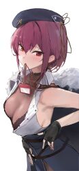 Rule 34 | 1girl, absurdres, bare shoulders, black gloves, breasts, cleavage, collared shirt, earrings, fingerless gloves, gloves, hay, highres, hololive, houshou marine, houshou marine (businesswoman), id card, jewelry, lanyard, large breasts, logknn, looking at viewer, red eyes, red hair, see-through, see-through cleavage, shirt, sleeveless, sleeveless shirt, solo, virtual youtuber, white background, white shirt
