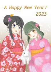 Rule 34 | 2023, absurdres, alternate costume, alternate hairstyle, black hair, bob cut, braid, brown eyes, colored inner hair, floral print, gradient background, green hair, grey background, hair bun, happy new year, highres, japanese clothes, kantai collection, kimono, live (livecafe), long hair, looking at viewer, multicolored hair, naganami (kancolle), new year, pink hair, pink kimono, rabbit, red kimono, short hair, short hair with long locks, sidelocks, takanami (kancolle), two-tone hair, white background