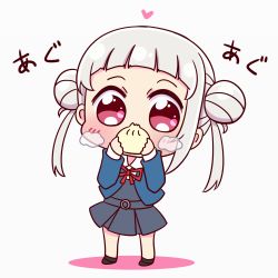 Rule 34 | 1girl, arashi chisato, artist name, artist request, bare legs, belt, black footwear, black socks, blue cardigan, blue jacket, blush, bow, bowtie, breasts, buttons, cardigan, check translation, chibi, collared shirt, commentary request, cropped jacket, double bun, dress, dress shirt, female focus, food, full body, grey belt, grey shirt, grey skirt, hair bun, hair tie, heart, heart (symbol), holding, holding food, jacket, long hair, long sleeves, looking at viewer, love live!, love live! superstar!!, miniskirt, neck ribbon, o-ring, o-ring belt, parted lips, plaid, plaid skirt, pleated, pleated skirt, red bow, red eyes, red ribbon, ribbon, school uniform, shirt, shoes, skirt, small breasts, smile, socks, solo, standing, translated, translation request, twintails, white background, white hair, white shirt, wing collar, yuigaoka school uniform