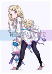 Rule 34 | 1girl, ass, black thighhighs, blonde hair, blue background, blue eyes, blue nails, blush, closed mouth, commentary request, dress, gradient background, hair ornament, hairclip, hand up, highres, liclac, long hair, long sleeves, looking at viewer, looking back, nail polish, no shoes, o-ring, original, parted bangs, pink background, puffy long sleeves, puffy sleeves, sleeves past wrists, soles, solo, standing, stirrup legwear, thighhighs, toeless legwear, very long hair, white background, white dress