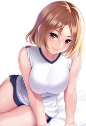 Rule 34 | 1girl, arm support, bra visible through clothes, bralines, breasts, gym uniform, huyumitsu, large breasts, lips, looking at viewer, original, purple eyes, see-through, short hair, short sleeves, shorts, sleeves pushed up, solo, white background